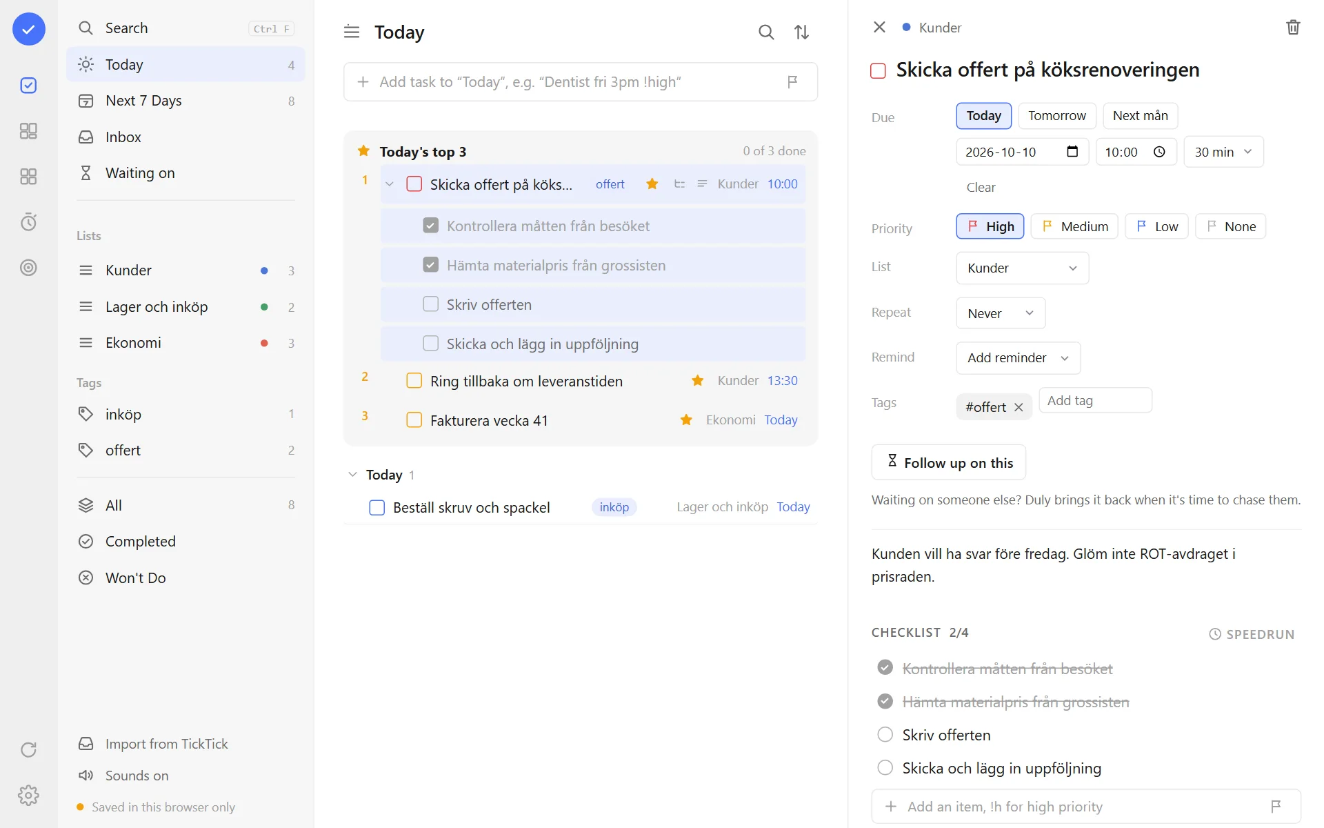 Screenshot of Duly: today's three most important tasks on the left and an opened task with a checklist on the right.