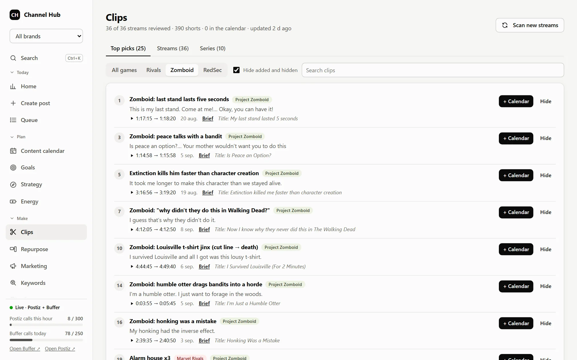 Screenshot of the clip finder's list: suggested clips with a quote, the time in the stream and a suggested title.